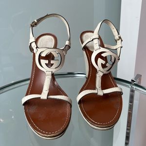 Gucci Beige Leather Interlocking GG Logo T-strap Wedge Sandals